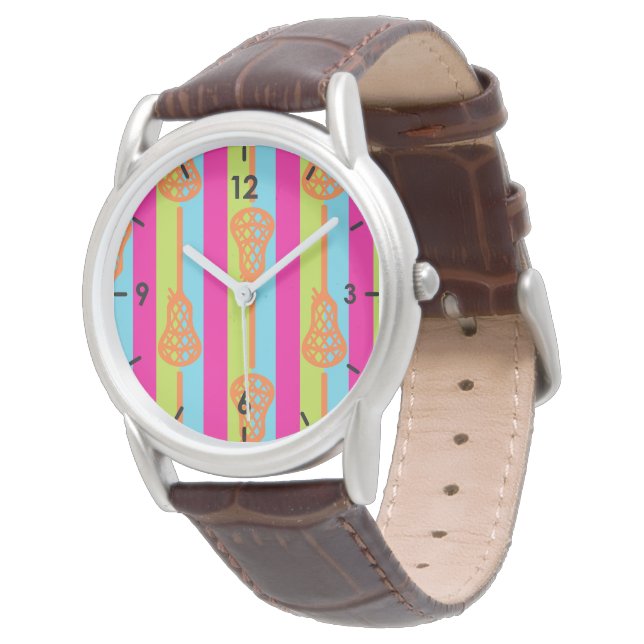 Neon Bright Retro Lacrosse Sticks and Stripes Horloge (Gekanteld)