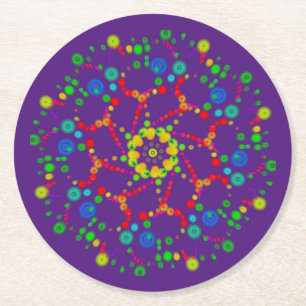 Neon Bubble Orbs Mandala op Deep Paars Ronde Kartonnen Onderzetter