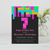Neon Building Blocks 7th Birthday Invitation (Staand voorkant)