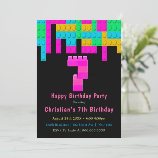 Neon Building Blocks 7th Birthday Invitation (Staand voorkant)