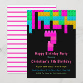 Neon Building Blocks 7th Birthday Invitation (Voorkant / Achterkant)