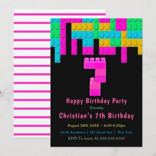 Neon Building Blocks 7th Birthday Invitation (Voorkant / Achterkant)