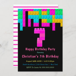 Neon Building Blocks 7th Birthday Invitation