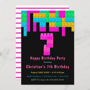 Neon Building Blocks 7th Birthday Invitation
