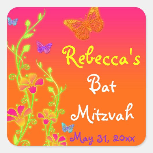 Neon Butterflies en Flowers Bat Mitzvah Sticker (Voorkant)