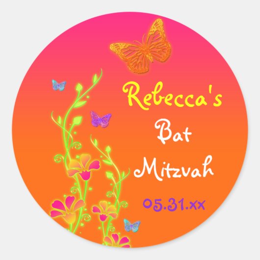 Neon Butterflies en Flowers Bat Mitzvah Sticker (Voorkant)
