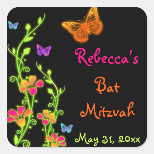Neon Butterflies en Flowers Bat Mitzvah Sticker (Voorkant)