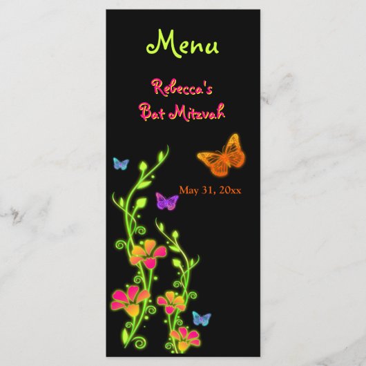 Neon Butterflies en Flowers Menu Kaart (Voorkant)