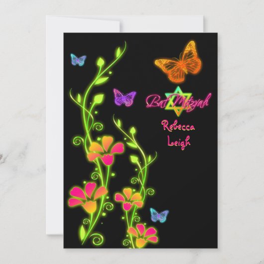 Neon Butterflies & Flowers Bat Mitzvah Invite 2 Kaart (Voorkant)