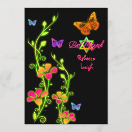 Neon Butterflies & Flowers Bat Mitzvah Invite 2 Kaart