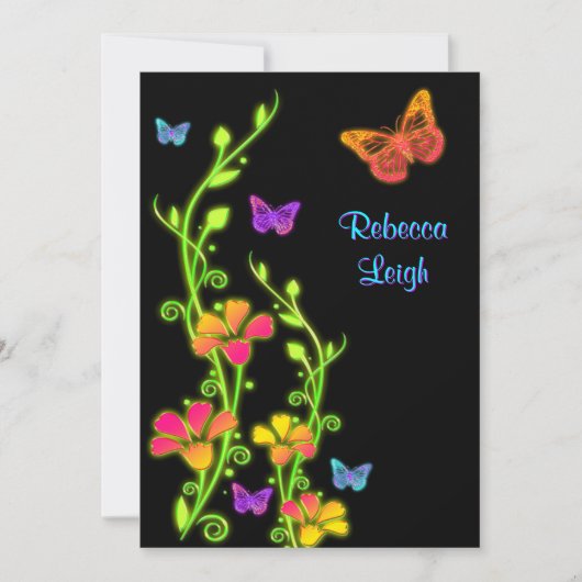 Neon Butterflies & Flowers Bat Mitzvah Invite 3 Kaart (Voorkant)