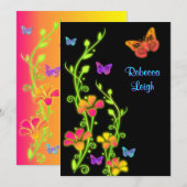 Neon Butterflies & Flowers Bat Mitzvah Invite 3 Kaart (Voorkant / Achterkant)