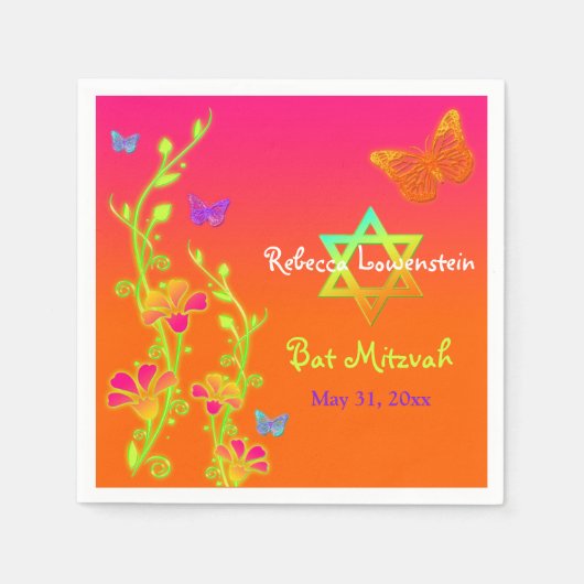 Neon Butterflies & Flowers Bat Mitzvah Napkins 2 Servetten (Voorkant)