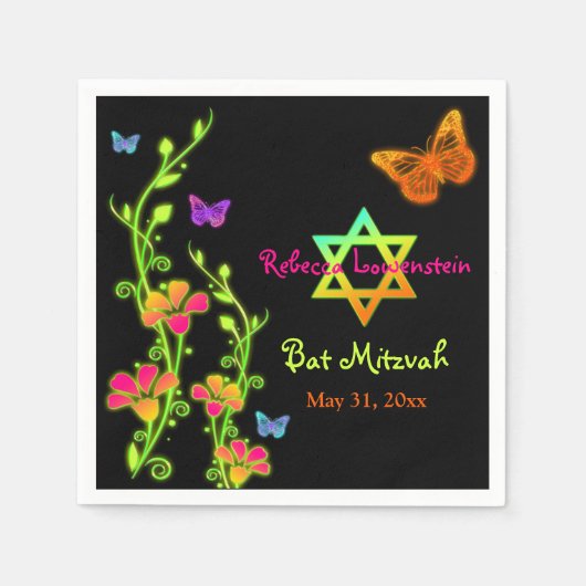 Neon Butterflies & Flowers Bat Mitzvah Napkins Servet (Voorkant)