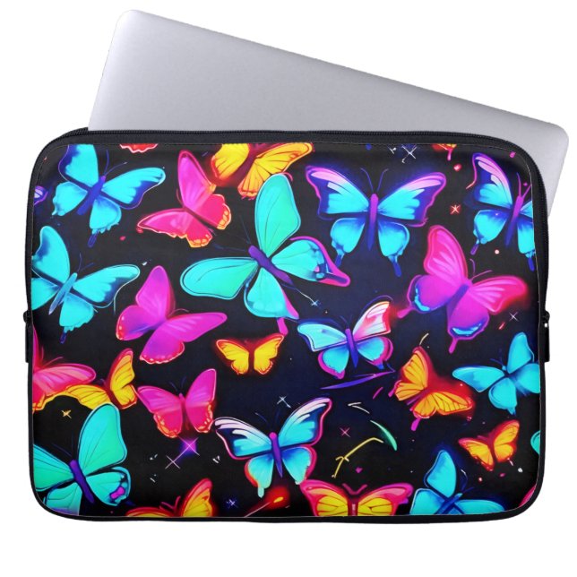 Neon Butterfly Pattern Laptop Sleeve (Voorkant)