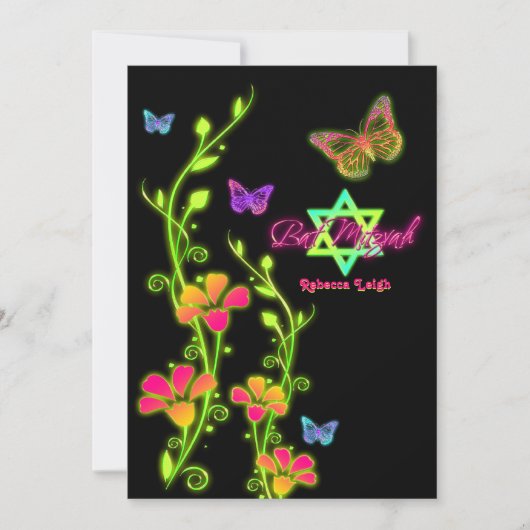 Neon Buttterflies & Flowers Bat Mitzvah Uitnodigin Kaart (Voorkant)