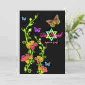 Neon Buttterflies & Flowers Bat Mitzvah Uitnodigin Kaart (Staand voorkant)