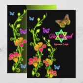 Neon Buttterflies & Flowers Bat Mitzvah Uitnodigin Kaart (Voorkant / Achterkant)