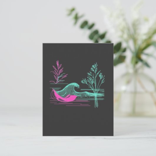 NEON CALM – Retro Wave & Botanical Line Art Briefkaart (Staand voorkant)