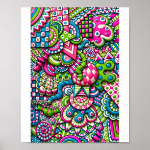 Neon Candy Doodle   Helder Roze Groen Blauw Trippy Poster