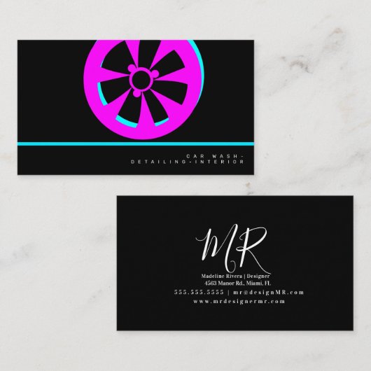 Neon Car Wash Interior Designer Rim Logo Visitekaartje (Voorkant / Achterkant)