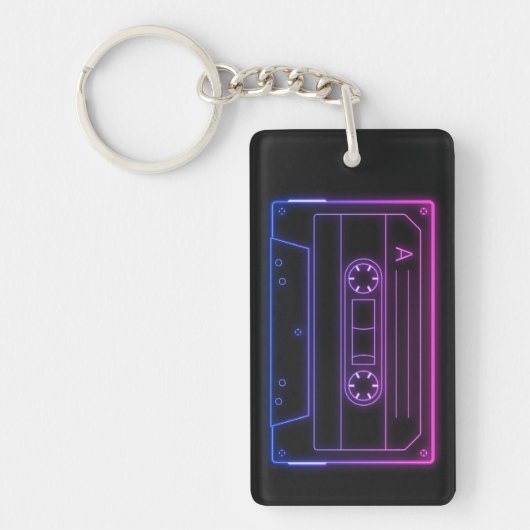 Neon Cassette Key Ring, Pink Dark Blue Vaporwave Sleutelhanger (Voorkant)