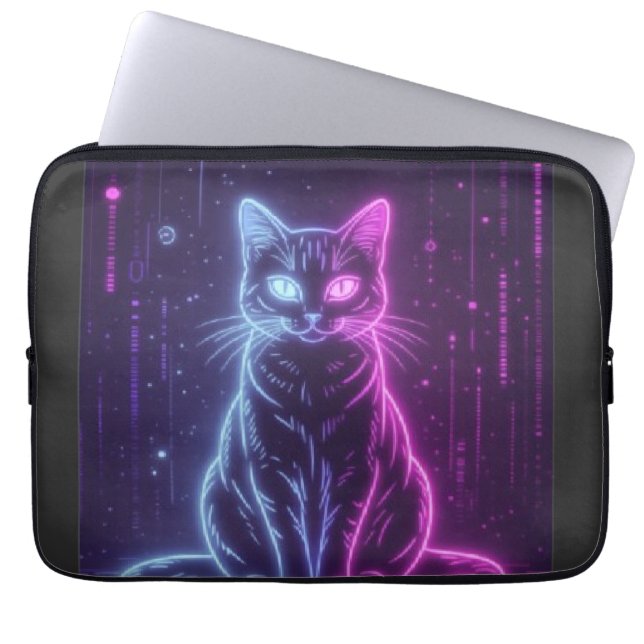 **Neon Cat Design – Glowing Futuristic Feline Art* Laptop Sleeve (Voorkant)
