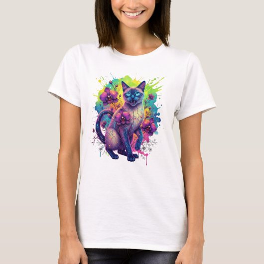 Neon Cat Fantasy Floral Art T-shirt (Voorkant)