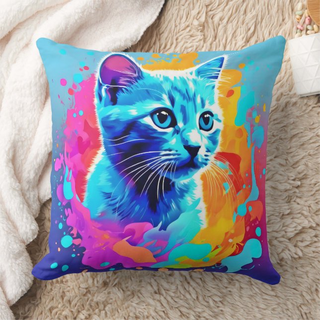 Neon Cat in Splatter Kussen (Deken)