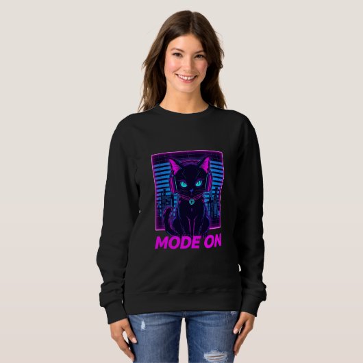 Neon Cat Mode ON – Cyberpunk Gamer Cat Hoodie & T- Trui (Voorkant volledig)