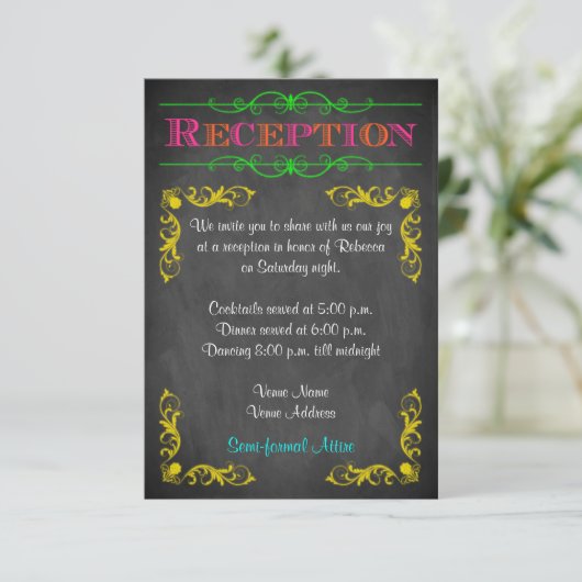 Neon Chalkboard Bat Mitzvah Reception Card Kaart (Staand voorkant)