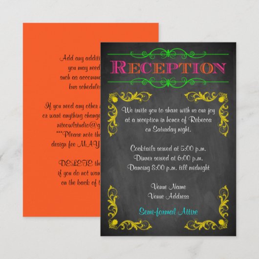 Neon Chalkboard Bat Mitzvah Reception Card Kaart (Voorkant / Achterkant)