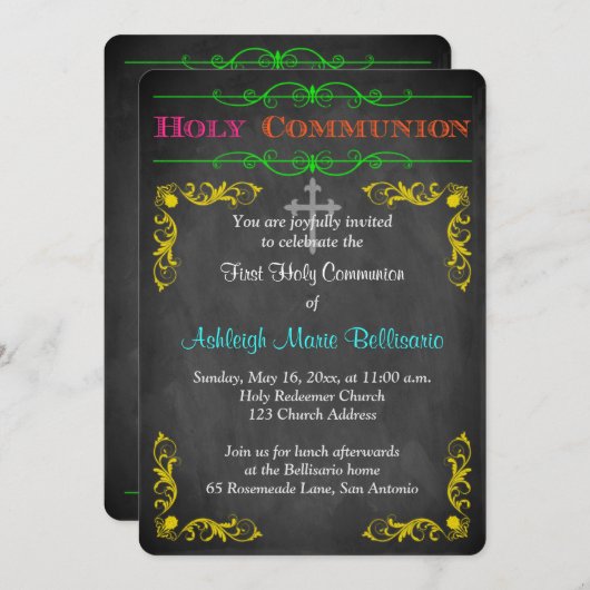 Neon Chalkboard Eerste Heilige Communie Uitnodigin Kaart (Voorkant / Achterkant)
