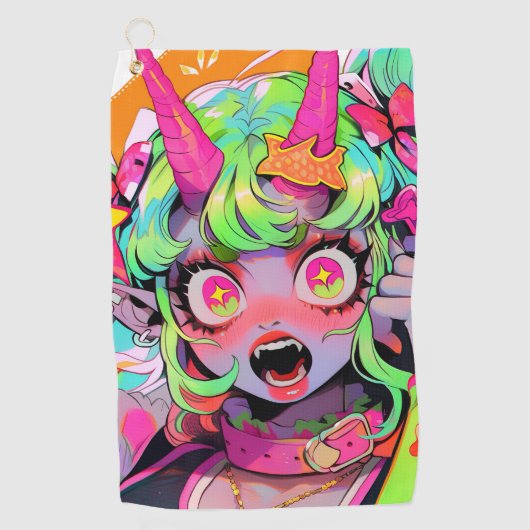 Neon Chaos Demon Girl Expression Golfhanddoek (Voorkant)