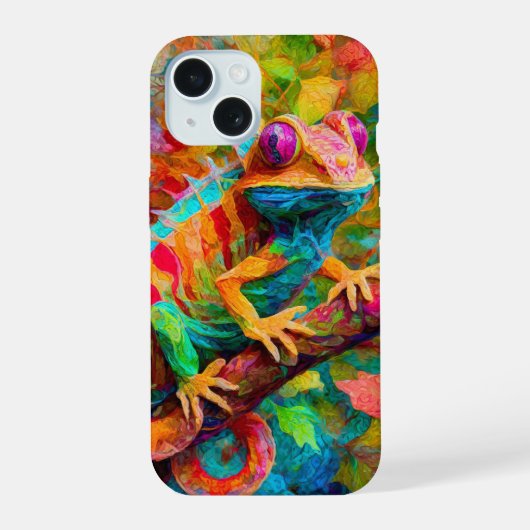 Neon Charlie Chameleon, Textiel Regenwoud Collage iPhone 15 Case (Achterkant)