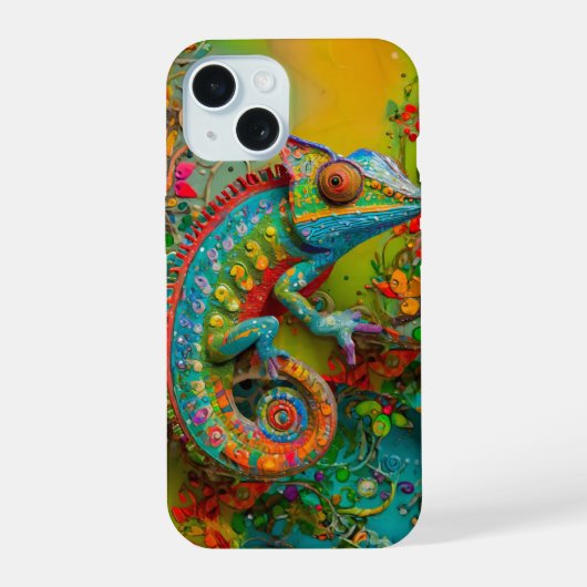 Neon Charlie Chameleon, Textile Rainforest Collage iPhone 15 Case (Achterkant)