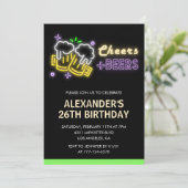 Neon Cheers Beer Black 26e verjaardag uitnodiging (Staand voorkant)
