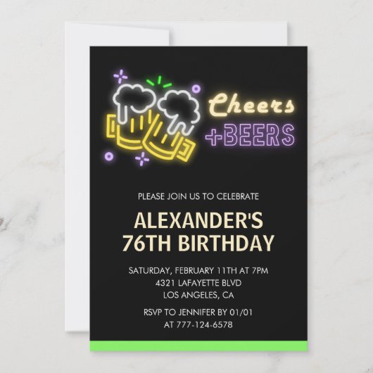 Neon Cheers Beer Black uitnodiging 76ste verjaarda (Voorkant)