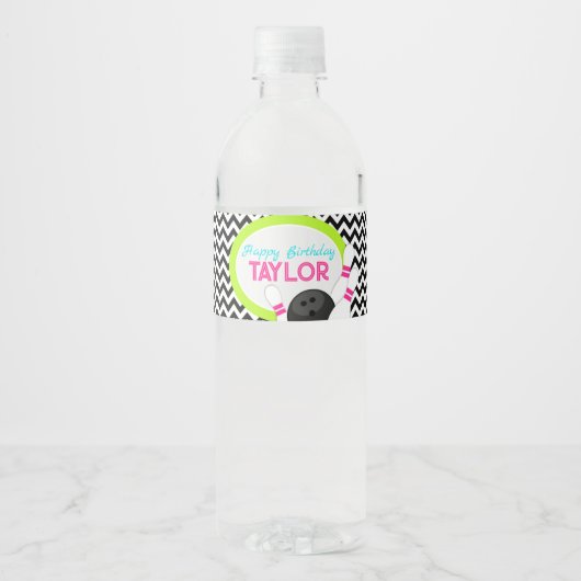 Neon Chevron Bowling Verjaardag Waterfles Labels Waterfles Etiket (Voorkant)