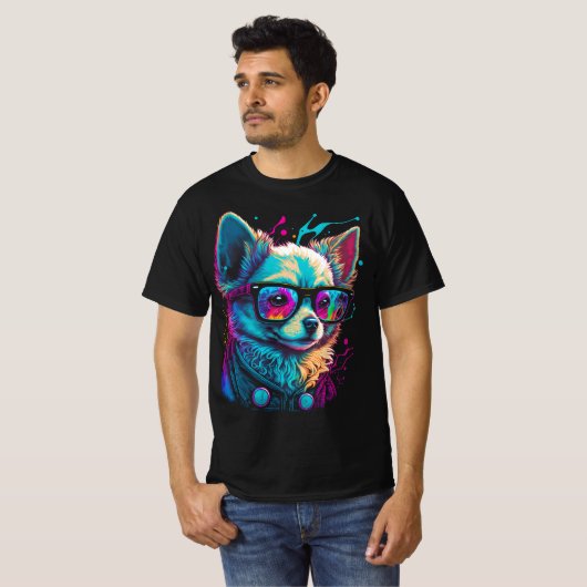 Neon Chihuahua in Zonnebril Cool Psychedelic Dog T-shirt (Voorkant volledig)