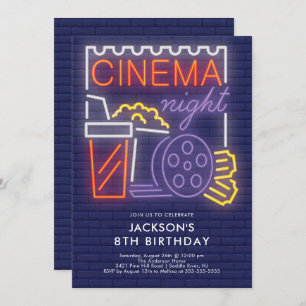Neon Cinema Night Birthday Uitnodiging