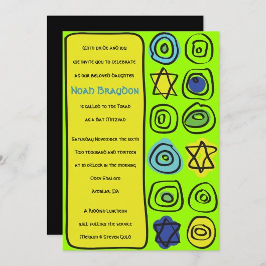 NEON CIRCLES and SQUARE Bar Bat Mitzvah Invitation Kaart (Voorkant / Achterkant)
