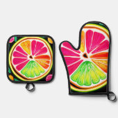 Neon Citrus Fruit Fiesta Ovenwant & Pannenlap Set (Voorkant)