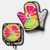 Neon Citrus Fruit Fiesta Ovenwant & Pannenlap Set (Voorkant / Achterkant)