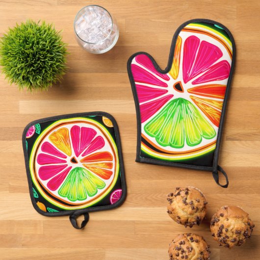 Neon Citrus Fruit Fiesta Ovenwant & Pannenlap Set (Top down)