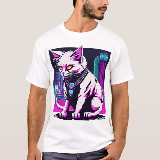 Neon City Cyberpunk Cat T-shirt (Voorkant)