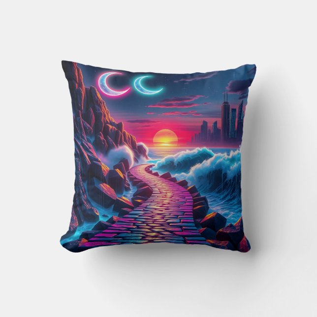Neon City Skyline Pathway Pillow Kussen (Voorkant)