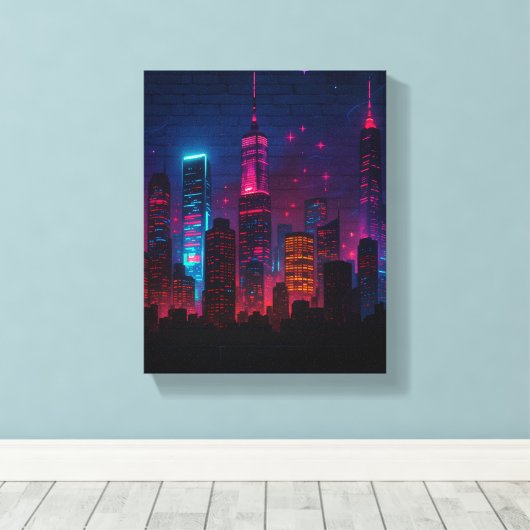 Neon City Skyline: Retro-Futurism Canvas Afdruk (Insitu (Houten vloer))