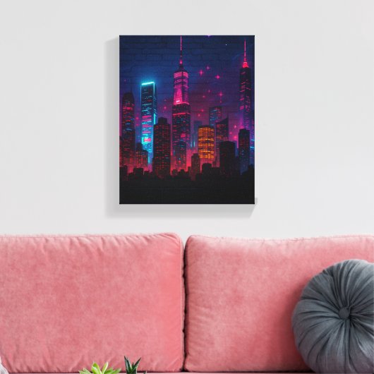 Neon City Skyline: Retro-Futurism Canvas Afdruk (Insitu (Woonkamer))