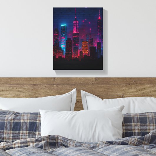 Neon City Skyline: Retro-Futurism Canvas Afdruk (Insitu (Slaapkamer))